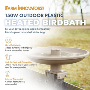 Farm Innovators 150W Outdoor Plastic Heated Birdbath w/Deck Mount & Perch, Tan