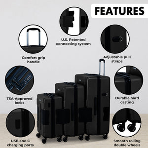 TACH V3.1 Connectable Hardside Luggage Set 3 Piece Set, Black