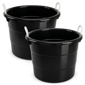 Homz 18 Gal Plastic Utility Storage Bucket Tub w/ Rope Handles, Black, (2 Pack)