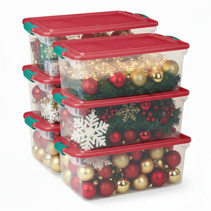 Homz 64 Qt Holiday Seasonal Decor Plastic Storage Bin with Latching Lid, 6 Pack