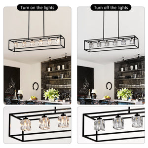 6 Light Farmhouse Chandelier, Modern Industrial Linear Rectangular Crystal Pendant Light Cage Chandelier For Dining Room, Kitchen Island, Bar, Long Table, G9*6 Bulbs Included - Matte Black