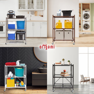 Origami R3 Foldable 3-Tiered Shelf Storage Rack & Wheels, Pewter (2 Pack)