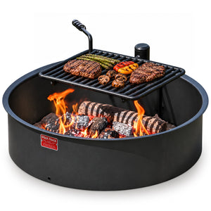 Pilot Rock 30.5 Inch Steel Ground Fire Pit Ring and Metal Cooking Grate, Black