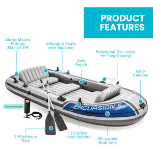 Intex Excursion 5 Person Inflatable Boat, Water Fishing River Raft Set w/Oars
