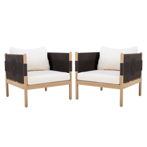 Outdoor Acacia Club Chairs (Set of 2) with Diamond-Pattern Black Rope, Light Teak Finish