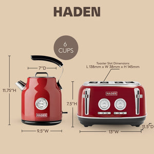 Haden Dorset 1.7 Liter Cordless Electric Kettle and 4 Slice Bread Toaster, Red