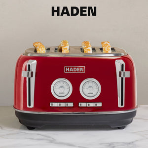 Haden Dorset 1.7 Liter Cordless Electric Kettle and 4 Slice Bread Toaster, Red