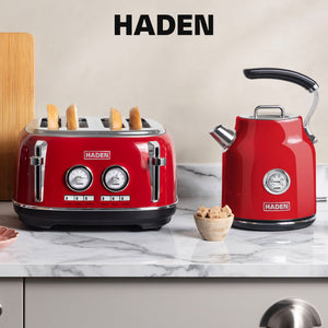 Haden Dorset 1.7 Liter Cordless Electric Kettle and 4 Slice Bread Toaster, Red