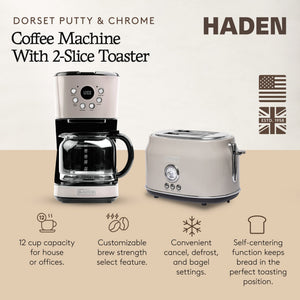Haden 12 Cup Coffee Maker & Dorset 2 Slice Wide Slot Toaster, Putty & Chrome