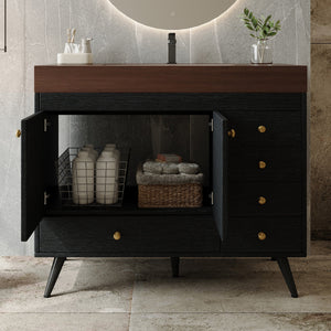 36" Freestanding Bathroom Vanity with Faux Marble Top, Ceramic Sink, 5 Drawers & Stainless Steel Legs