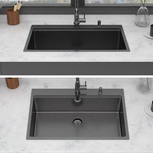 Drop In Workstation Sink Topmount Single Bowl With Pull Out Faucet And Soap Dispenser - Gunmetal Black