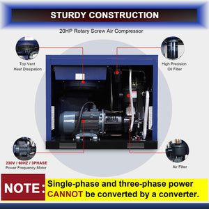 20HP Rotary Screw Air Compressor, 74 CFM, 125 PSI, Industrial-Grade