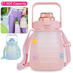 Kawaii Water Bottle with Straw 37.2oz Large Capacity Portable Sports Bottle with Cute Three-Dimensional Stickers