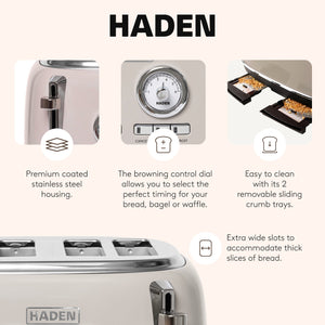 Haden Dorset 4 Slice Wide Slot Stainless Steel Toaster, Putty & Chrome