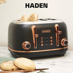 Haden Heritage 4 Slice Wide Slot Stainless Steel Toaster, Black & Copper