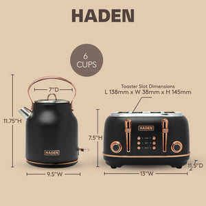 Haden Heritage 4 Slice Wide Slot Toaster & Electric Kettle, Black & Copper