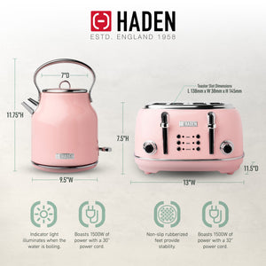 Haden Heritage Electric Water Kettle & 4 Slice Wide Slot Toaster, English Rose