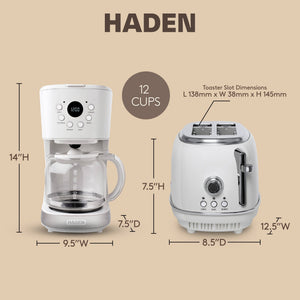 Haden 12 Cup Coffee Maker with 2 Slice Wide Stainless Steel Bread Toaster, White