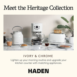 Haden 12 Cup Coffee Maker with 2 Slice Wide Stainless Steel Bread Toaster, White