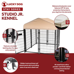 Lucky Dog STAY Series Studio Jr. 4x4x4.3 Ft Roofed Steel Frame Dog Kennel, Khaki - TRAPSKI