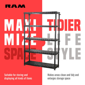Ram Quality Products Extra 5 Tier Plastic Storage Shelf Unit for Garage, Black