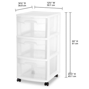 Sterilite 3 Drawer Storage Cart, Plastic Rolling Organizer with Wheels, 8 Pack