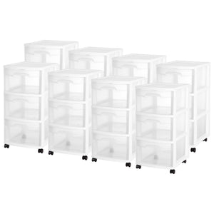 Sterilite 3 Drawer Storage Cart, Plastic Rolling Organizer with Wheels, 8 Pack