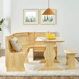 MUSEHOMEINC Traditional 3 Piece Solid Wood Nook Dining Table Set w/Bench, Nature