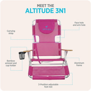 Ostrich The Altitude 3N1 High Back Outdoor Beach Lounge Chair w/Footrest, Pink