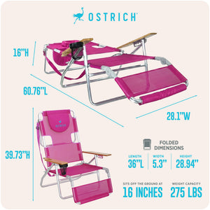 Ostrich The Altitude 3N1 High Back Outdoor Beach Lounge Chair w/Footrest, Pink