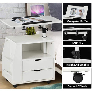 EROMMY Swivel Top Adjustable Height Bedside End Table w/Storage Drawers, White