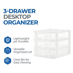 Gracious Living 3 Drawer Desktop Countertop Storage with Organizer Lid, White