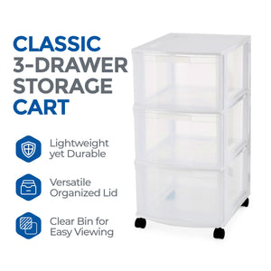 Gracious Living Classic 3 Drawer Organizer Plastic Storage Cart w/ Wheels, White
