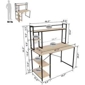 Nost & Host 47.2 Inch Modern Home Office Study Desk with 2 Tier Shelves, Oak - TRAPSKI