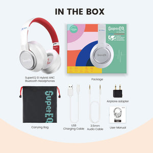 SuperEQ S1 Hybrid Headphones with Bluetooth, Transparency, and ANC Mode, White