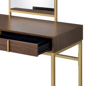 Coleen Walnut & Gold Finish Vanity Desk with Mirror & Jewelry Tray