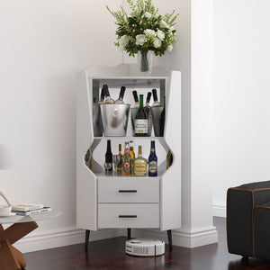 Corner Bar Cabinet With Mirrored Back, 2 Open Shelves & 2 Drawers