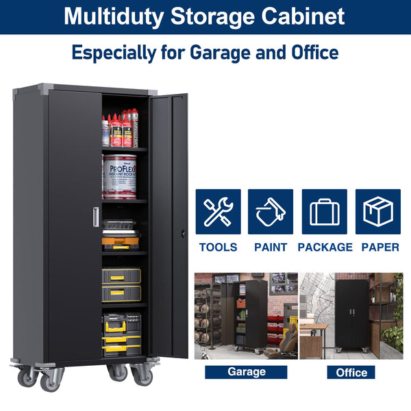 Aobabo 72 Inch Rolling Locking Storage Cabinet with Adjustable Shelves, Black