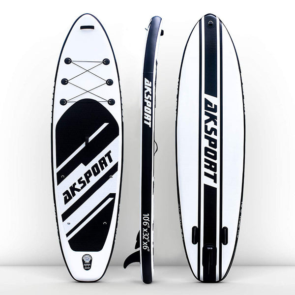 AKSPORT 10'6" Inflatable SUP All Around Stand Up Paddle Board Kit, Black/White