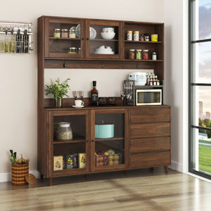 Large Kitchen Hutch Cabinet, Storage Kitchen Cupboard With 4 Doors, 4 Drawers & Microwave Shelf - Walnut