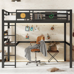 Full Size Loft Bed Frame with Desk and Charging Port