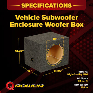QPower 10" Heavy-Duty Single Sealed Vehicle Subwoofer Enclosure Woofer Box, Gray