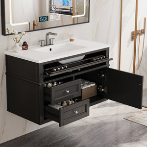 36" Wall Mounted Bathroom Vanity with Ceramic Sink and Storage