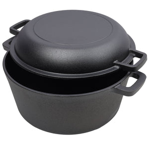 Pre-Seasoned Cast Iron Dutch Oven 2 In 1 With Dual Handles And Covers, 5 Quart - Black