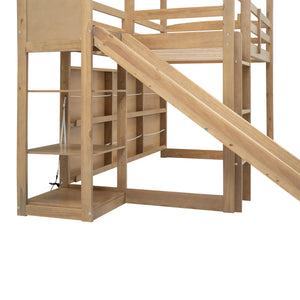 House Loft Bed With Slide, Storage Shelves And Light, Climbing Ramp