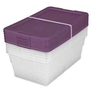 Sterilite Stackable 6 Qt Storage Box Container, Clear, Moda Purple Lid, 5 Pack