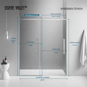 Serene Valley 72 x 74 Inch Square Rail Frameless Sliding Shower Door, Chrome - TRAPSKI