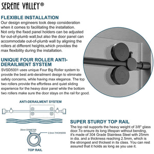 Serene Valley 56 x 74 Inch Big Roller Frameless Sliding Shower Door, Matte Black