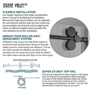 Serene Valley 52 x 74 Inch Big Roller Frameless Sliding Shower Door, Matte Black