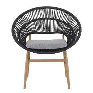 Cyril Outdoor Wicker Papasan Style Dining Chair with Teak Finished Leg and Dark Gray Faux Rattan - Set of 2